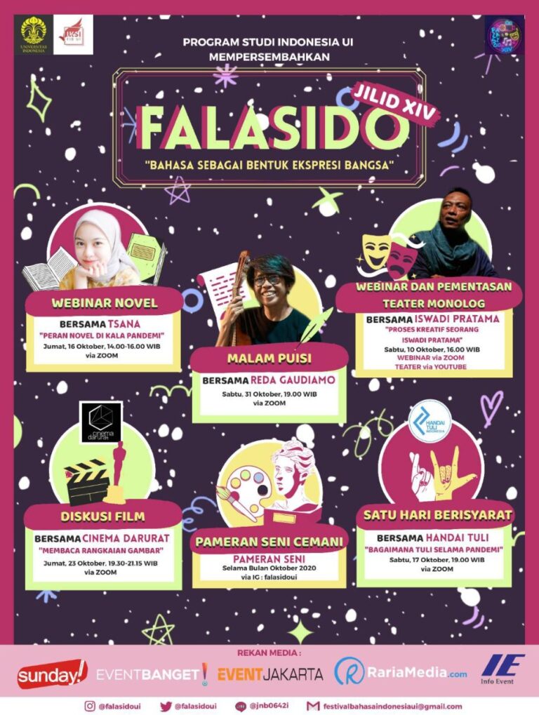 FALASIDO XIV di Pandemi tetap meriah dengan webinar teater, pementasan monolog, dan diskusi sastra secara virtual.