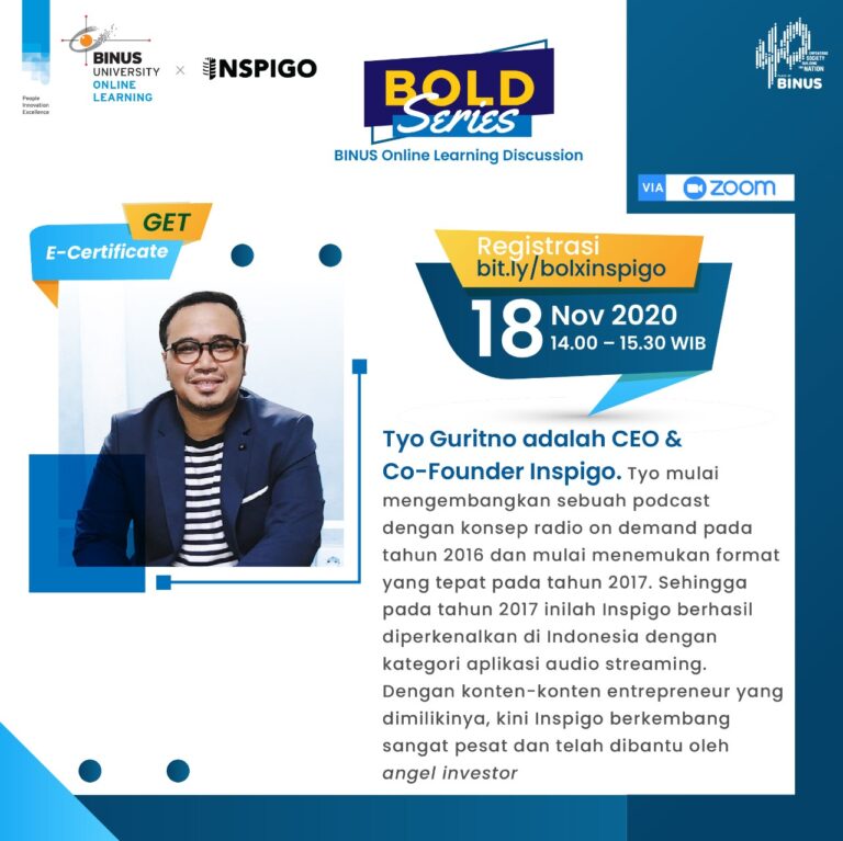 Teknologi dan Inovasi Bisnis di Inspigo dibahas dalam BOLD Series bersama CEO Tyo Guritno mengenai pengembangan aplikasi edukasi audio.