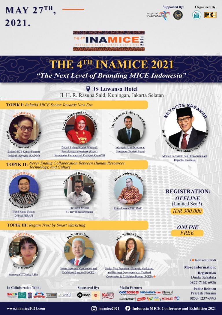 Ikuti Indonesia MICE 2021 untuk wawasan branding MICE masa pandemi. Daftar sekarang untuk konferensi dan pameran di Jakarta!