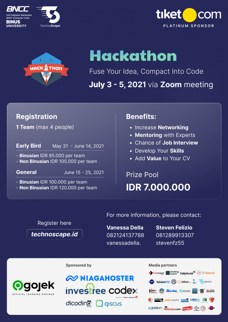 TechnoScape 2021, event teknologi terbesar dari BNCC, menghadirkan Hackathon 4.0! Ikuti kompetisi coding 48 jam dan wujudkan ide inovatifmu.