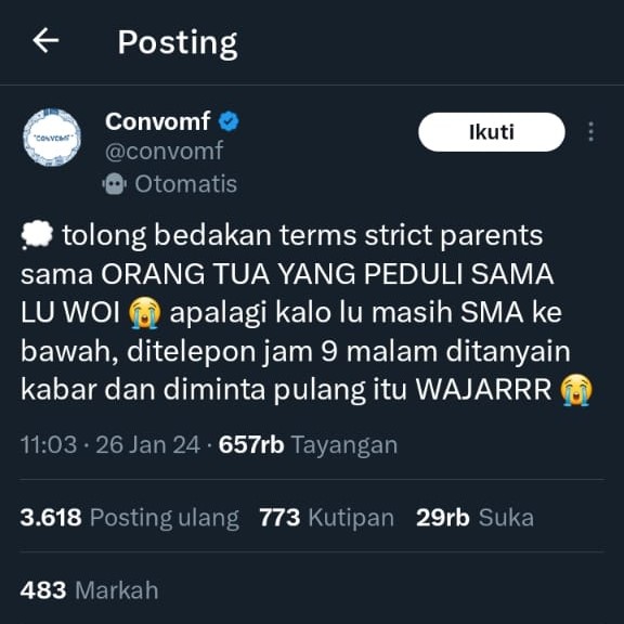 Komentar warganet X tentang tindakan strict parents adalah bentuk peduli (Sumber: Tangkapan layar X)