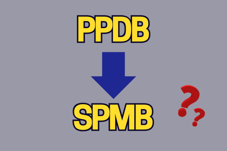 Visualisasi perubahan sistem masuk sekolah dari PPDB menjadi SPMB lengkap dengan tanda tanya sebagai simbol kebingungan siswa.