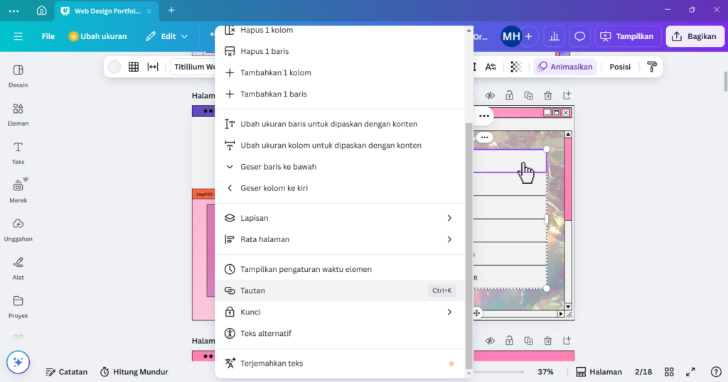 Kamu juga bisa menambahkan hyperlink atau tautan ke dalam elemen-elemen di template, seperti teks, gambar, atau tombol. Caranya cukup mudah klik elemen yang ingin diberi tautan, lalu pilih ikon rantai (link) di bagian atas editor. Setelah itu, masukkan URL yang dituju, misalnya link ke media sosial, video YouTube, formulir pendaftaran, atau halaman informasi lainnya. Fitur ini berguna banget buat mengarahkan pengunjung website ke sumber eksternal yang relevan atau penting, sehingga website kamu jadi lebih interaktif dan informatif.