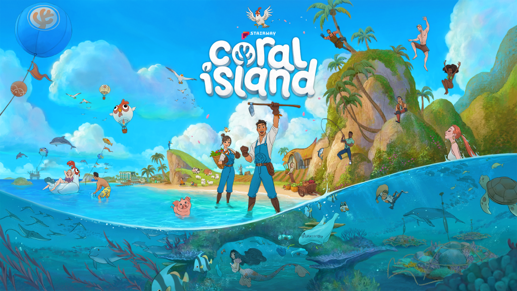 Ilustrasi karakter dengan latar belakang pantai dan perahu di game Coral Island.