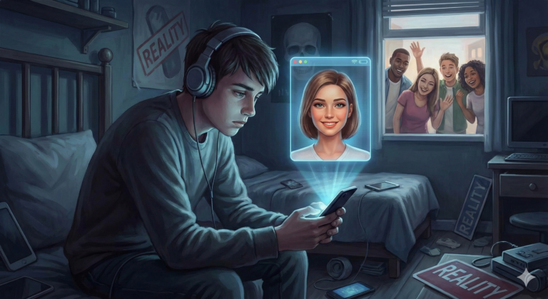 Ilustrasi perbandingan antara interaksi dingin dengan AI dan kehangatan manusia asli, menunjukkan dampak negatif AI.