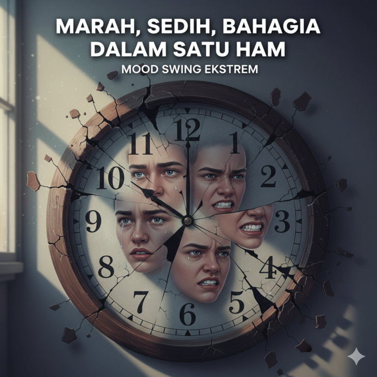 Ilustrasi jam dinding pecah dengan wajah marah dan sedih, menggambarkan penyebab mood swing ekstrem yang terjadi cepat.