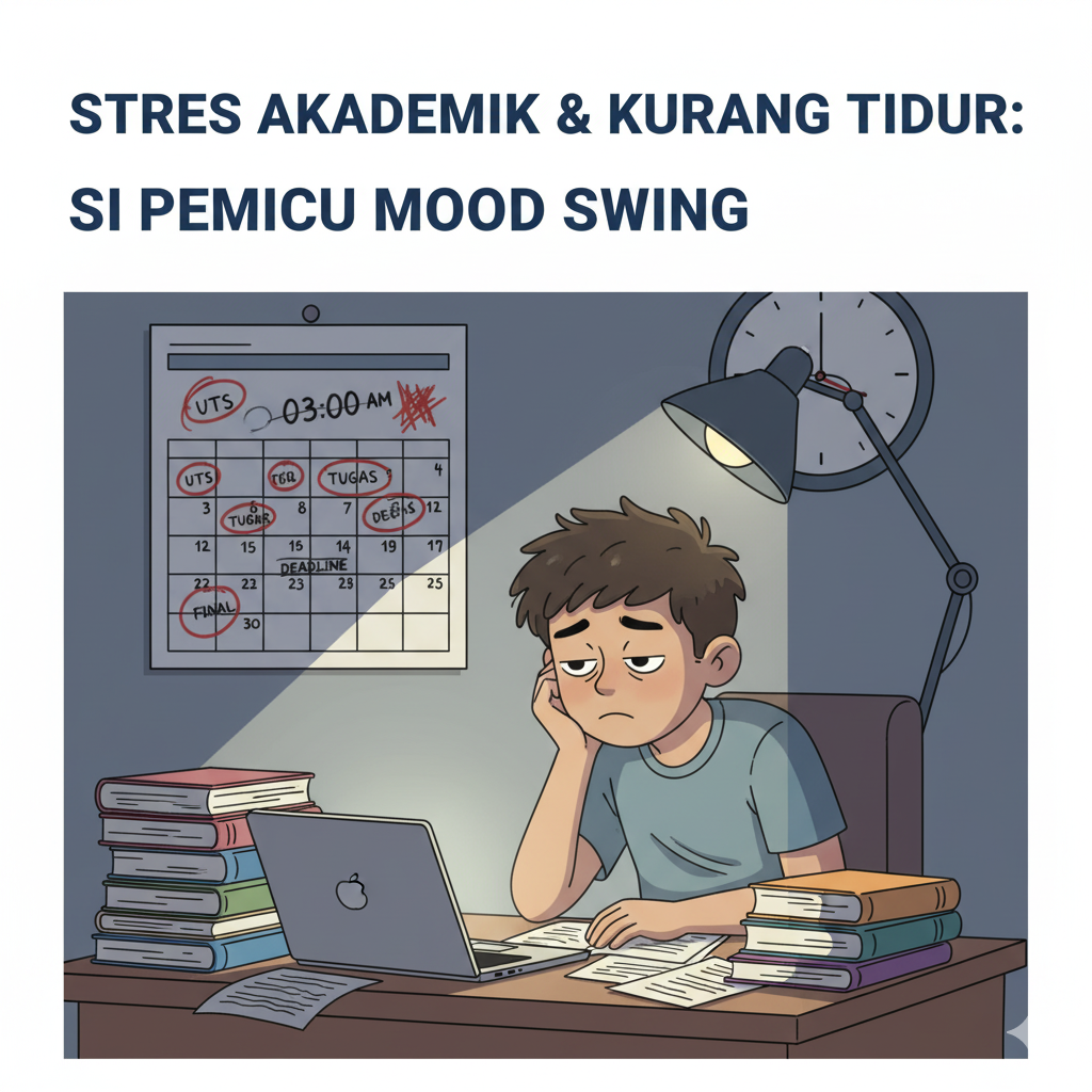 Ilustrasi remaja kelelahan karena stres akademik dan kurang tidur, salah satu penyebab mood swing.