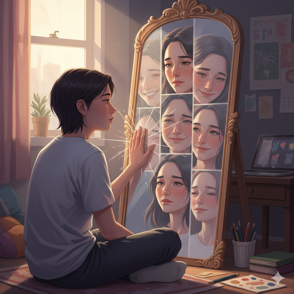 Ilustrasi remaja melihat pantulan diri dengan berbagai ekspresi di cermin, melambangkan self-awareness melampaui label kepribadian Alpha Beta Omega.