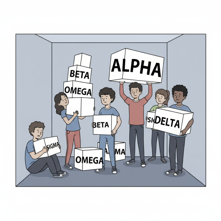 Ilustrasi remaja terbebani kotak label kepribadian Alpha Beta Omega yang memicu insecurity.