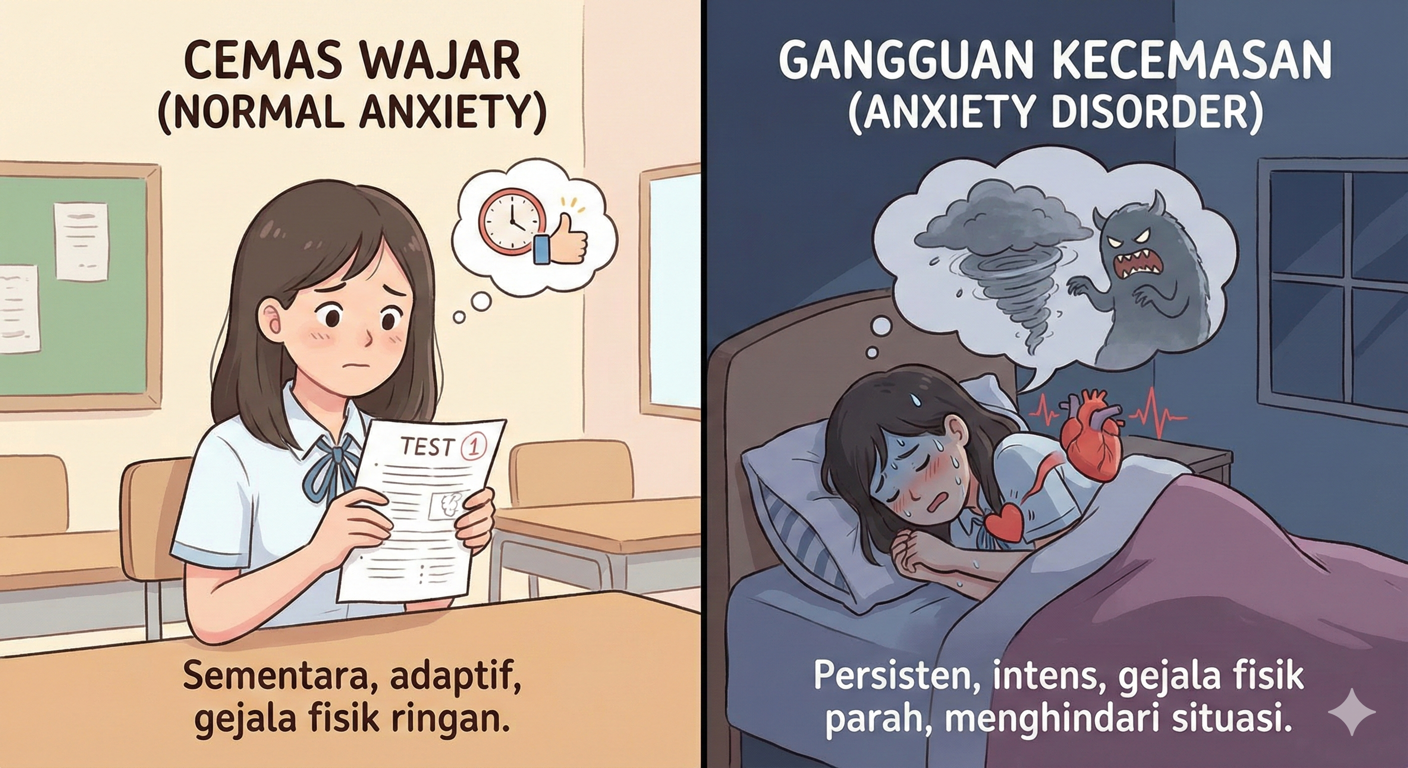Ilustrasi perbandingan ciri ciri anxiety disorder dan cemas wajar pada remaja