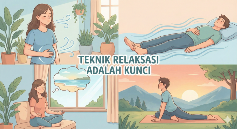 Ilustrasi 4 jenis teknik relaksasi adalah deep breathing, PMR, meditasi visualisasi, dan yoga untuk atasi stres