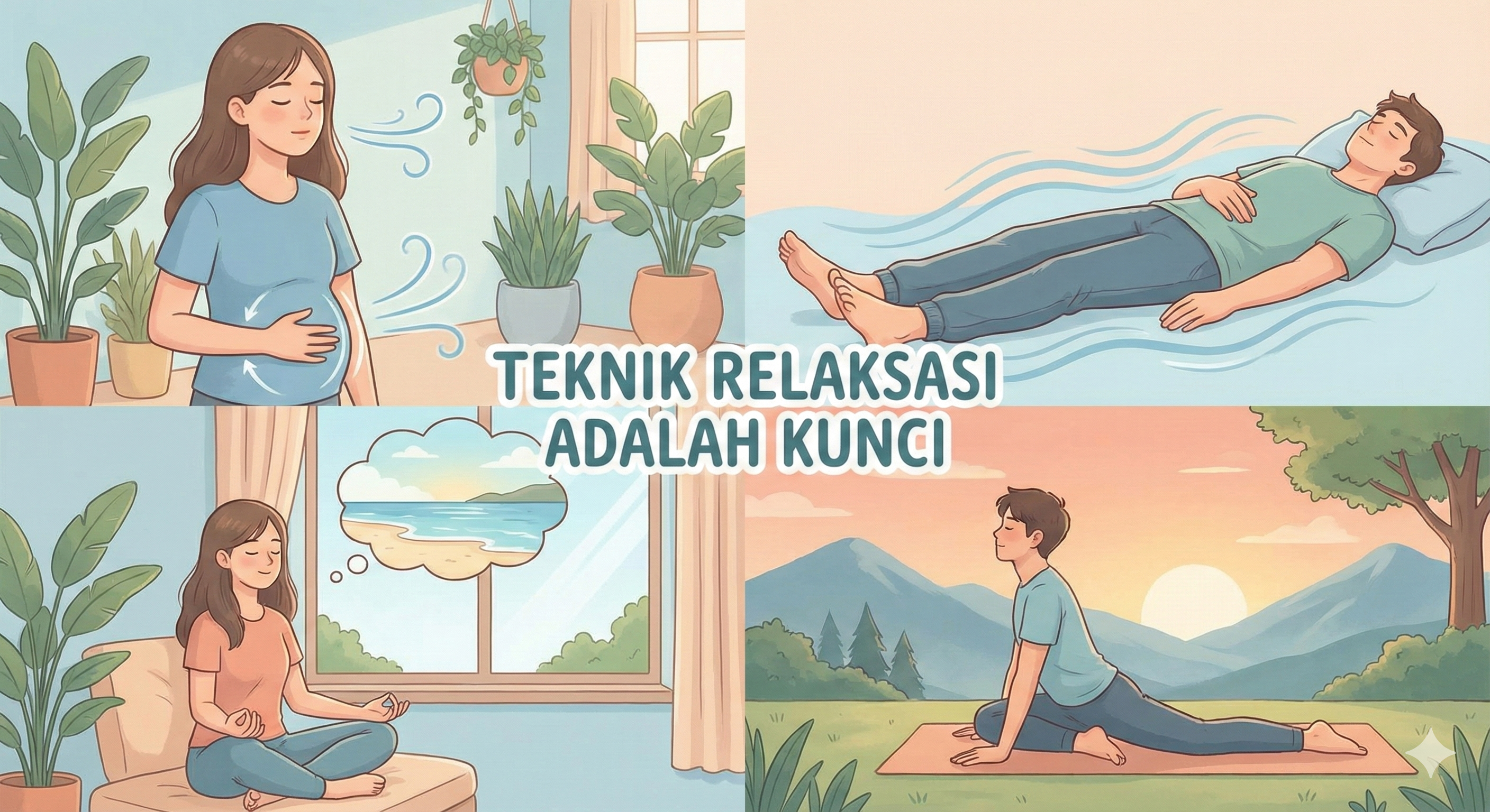 Ilustrasi 4 jenis teknik relaksasi adalah deep breathing, PMR, meditasi visualisasi, dan yoga untuk atasi stres
