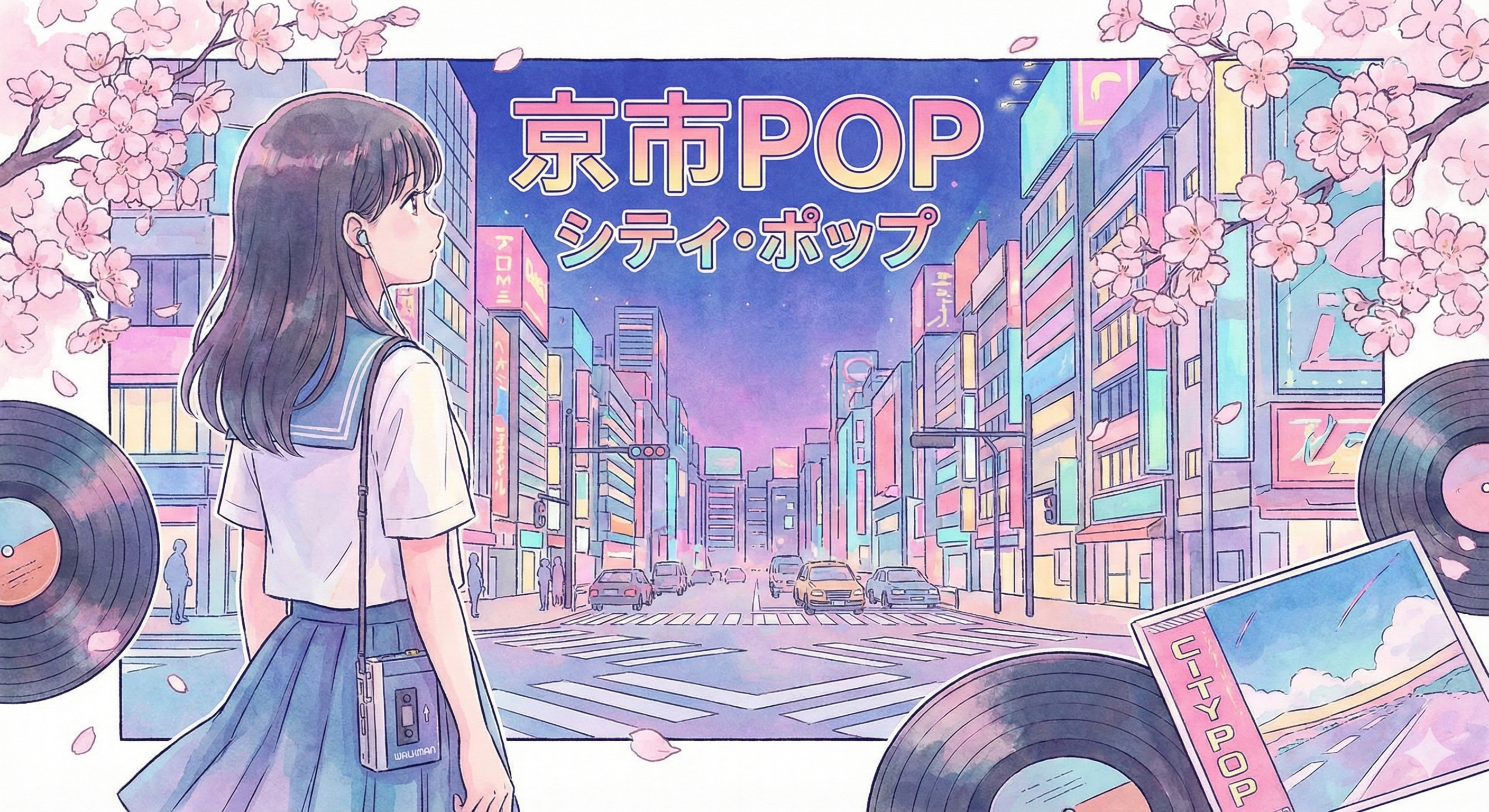 Ilustrasi anemoia gadis anime mendengarkan musik city pop Jepang era 80-an