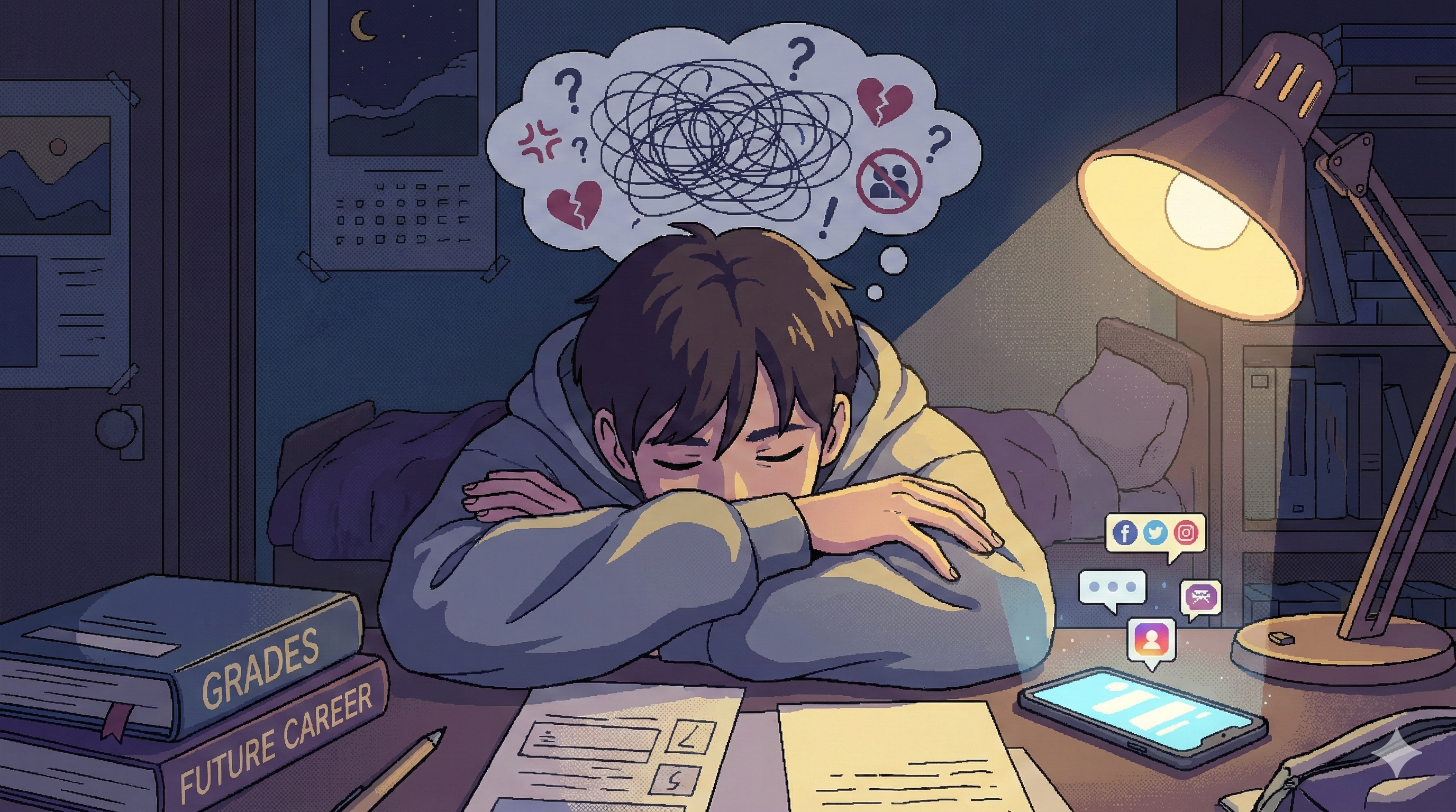 Ilustrasi gaya lo-fi remaja tertidur di meja belajar dikelilingi buku dan gadget, menggambarkan berbagai penyebab stres pada remaja yang sering tersembunyi. | Penyebab Stres pada Remaja yang Sering Tak Disadari