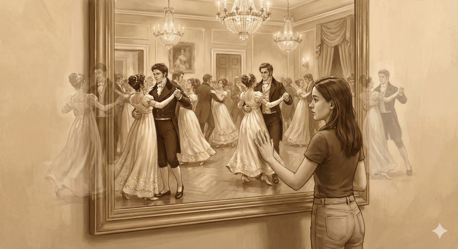 Ilustrasi anemoia remaja modern bercermin melihat pantulan pesta dansa era Victorian Bridgerton