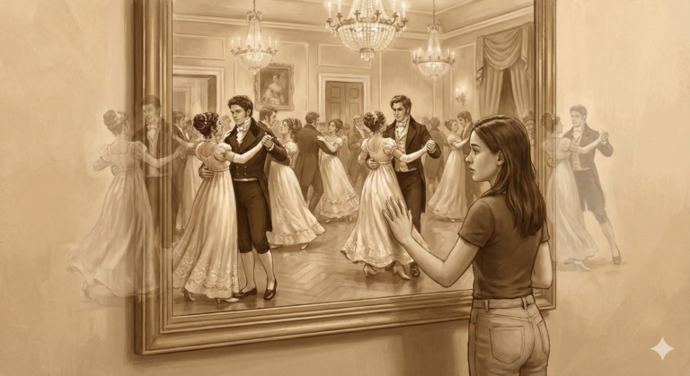 Ilustrasi anemoia remaja modern bercermin melihat pantulan pesta dansa era Victorian Bridgerton