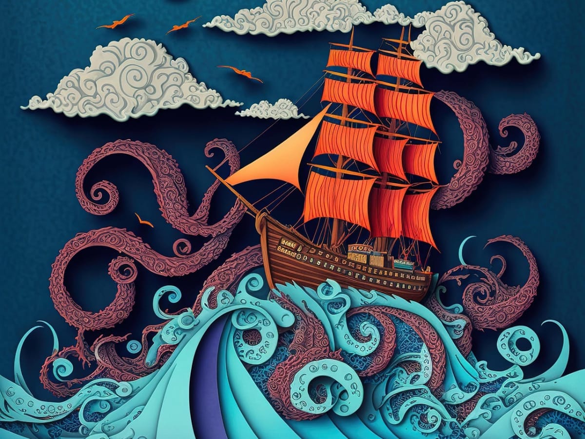 Ilustrasi Kraken menyerang kapal di tengah laut