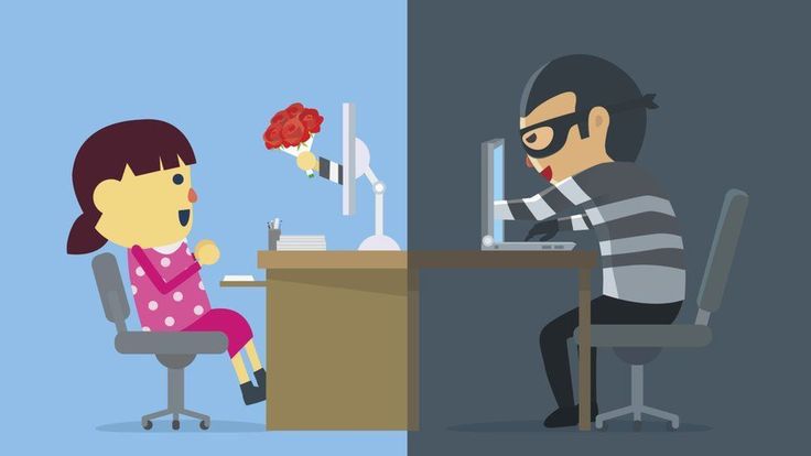 Ilustrasi anak perempuan yang berkomunikasi online dengan pria berkedok penipu, menggambarkan risiko sextortion dan predator digital.