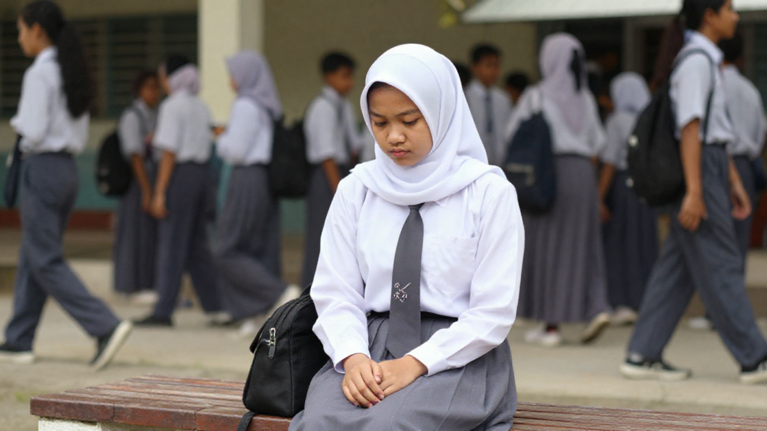 Nadya duduk di bangku dengan sedih, memikirkan nasibnya