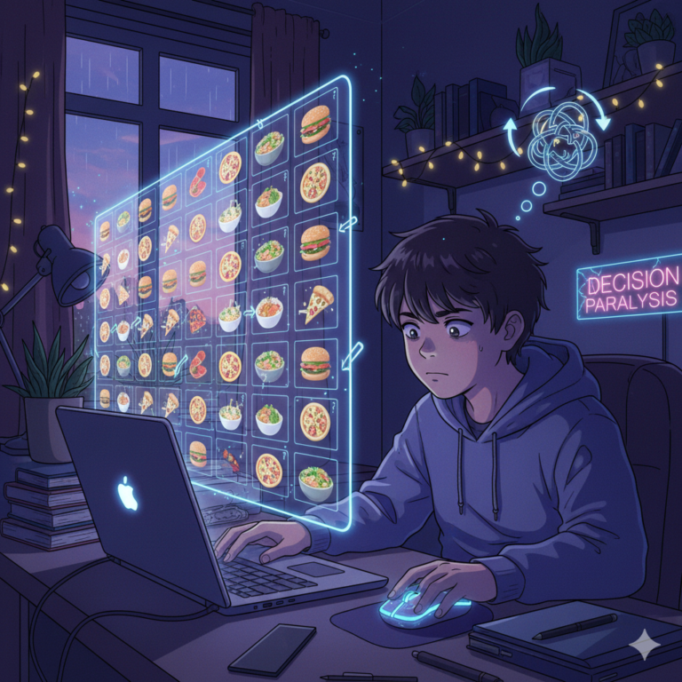 Ilustrasi anime lo-fi remaja bingung memilih menu makanan di layar hologram, memvisualisasikan FOBO adalah kondisi terjebak decision paralysis saat mengambil keputusan.