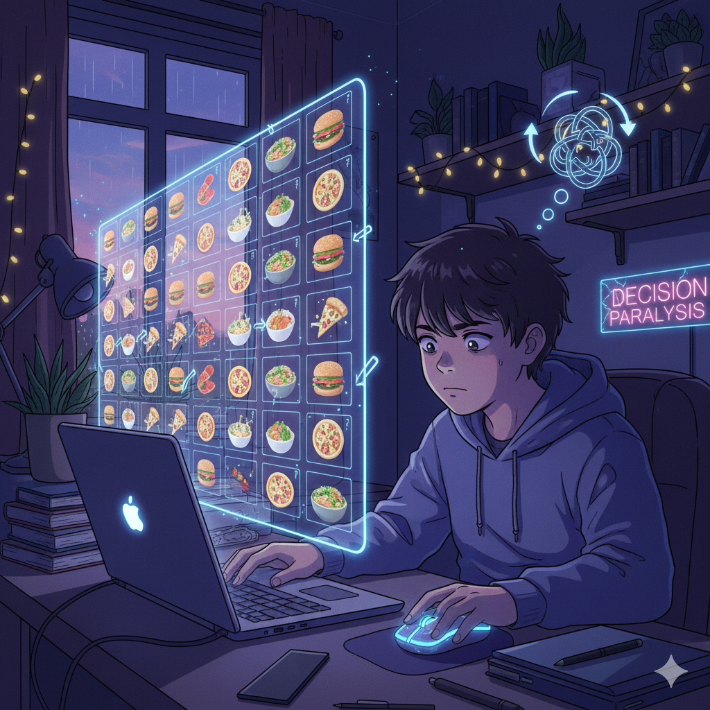 Ilustrasi anime lo-fi remaja bingung memilih menu makanan di layar hologram, memvisualisasikan FOBO adalah kondisi terjebak decision paralysis saat mengambil keputusan.