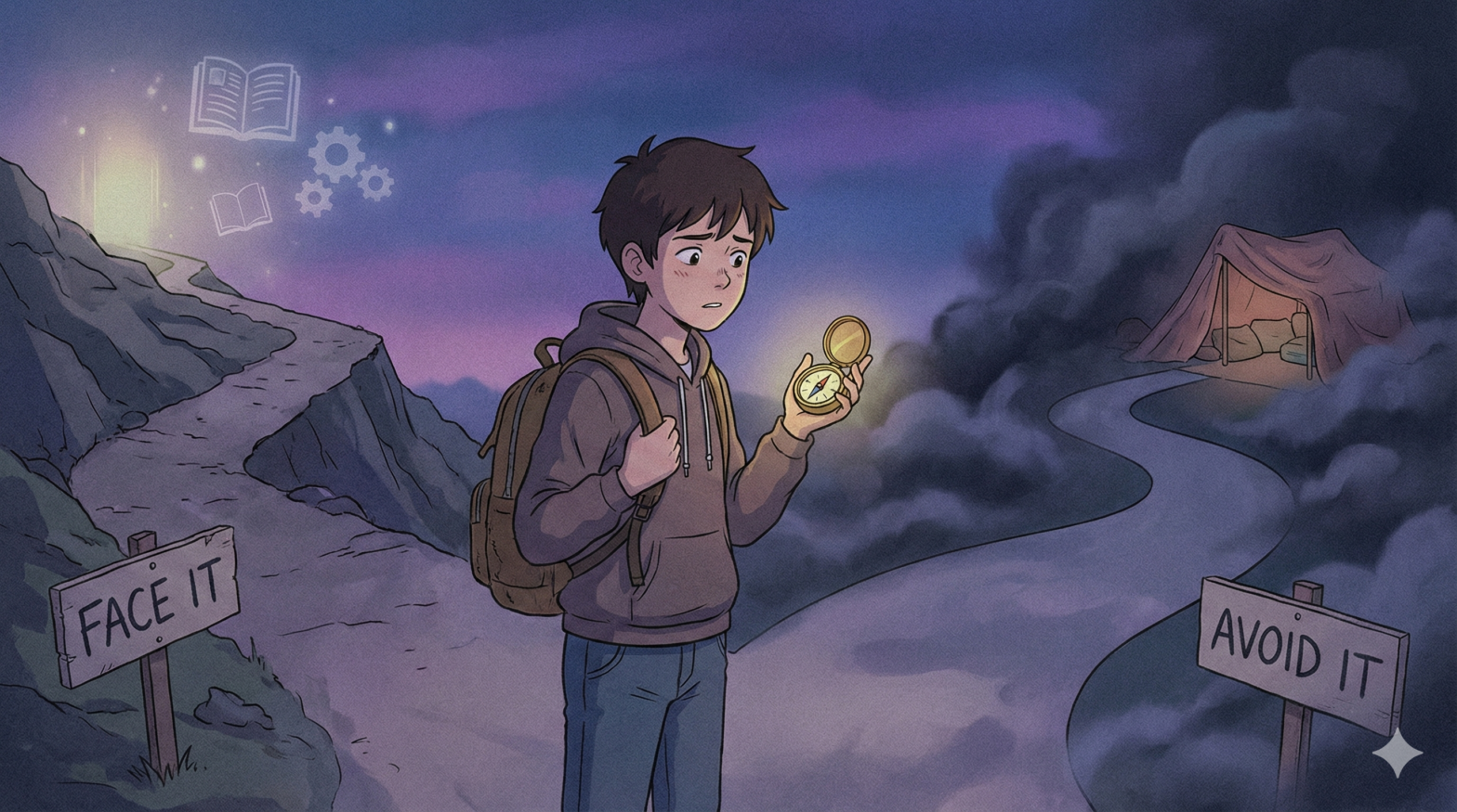 Ilustrasi anime lo-fi remaja memegang kompas di persimpangan jalan, menggambarkan pilihan sikap saat mengetahui stressor adalah pemicu stres yang harus dihadapi atau dihindari.