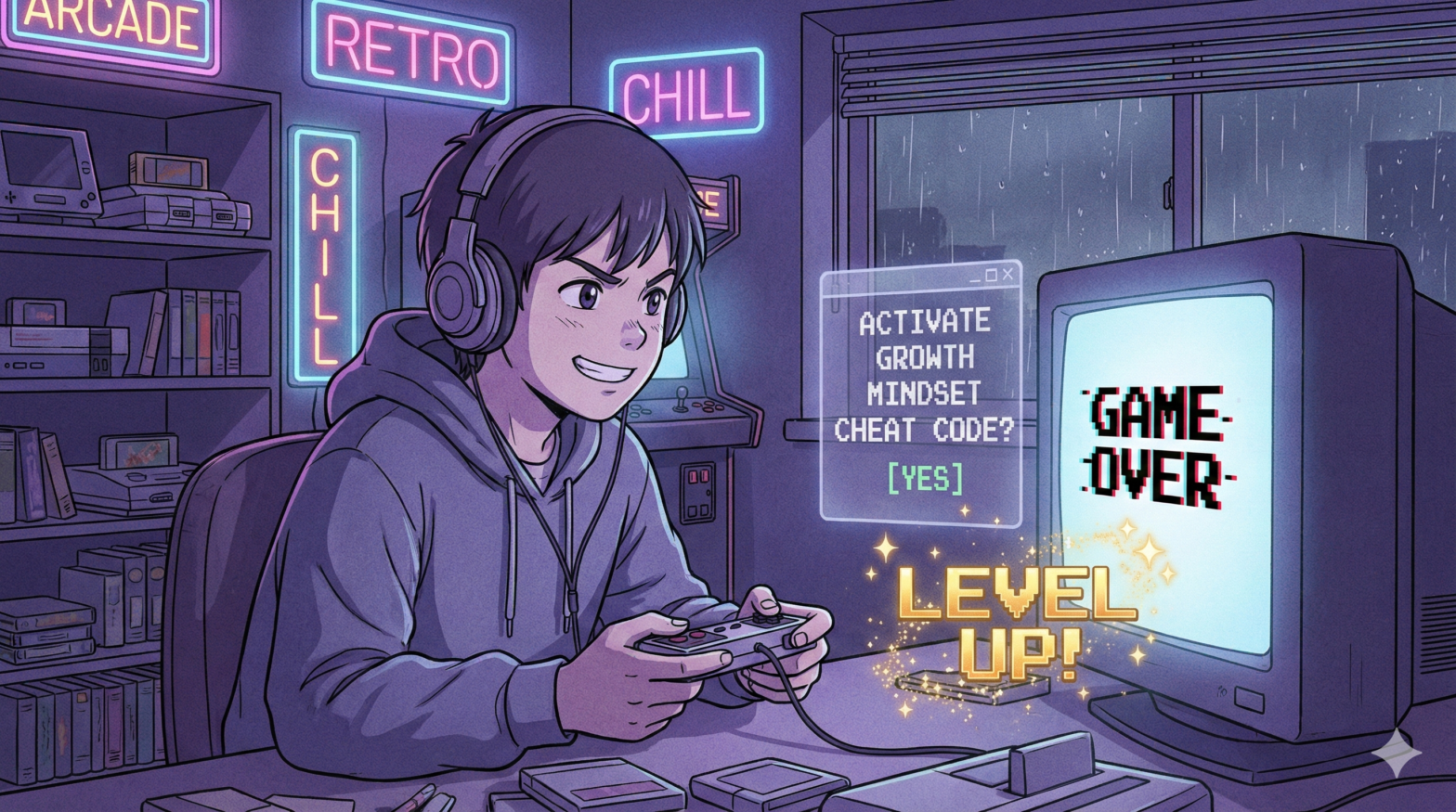 Ilustrasi anime lo-fi seorang gamer yang mendapatkan level up dari game over, memvisualisasikan konsep bahwa growth mindset adalah cheat code untuk bangkit dari kegagalan. growth mindset