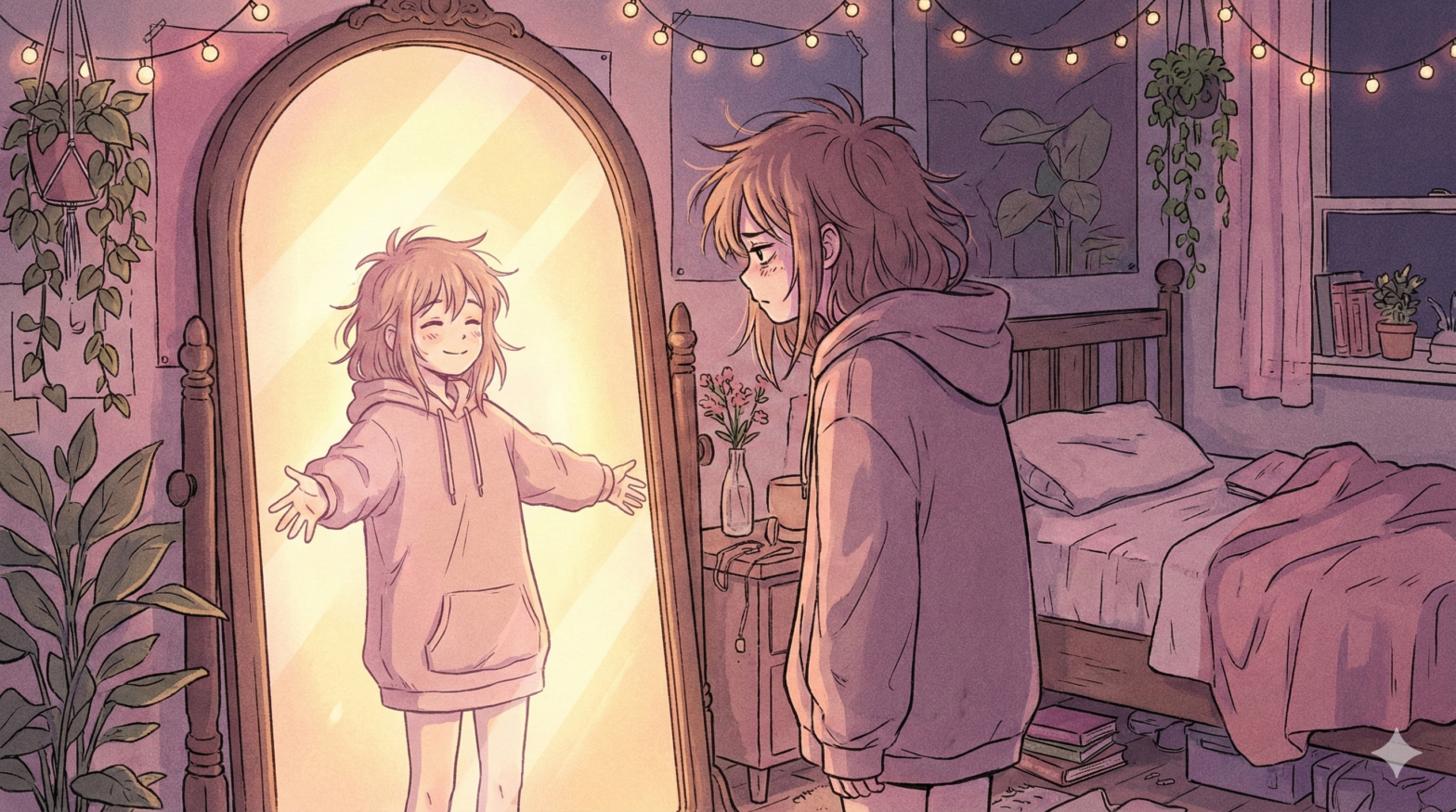 Ilustrasi lo-fi remaja sedih di depan cermin dengan bayangan yang tersenyum memeluk, memvisualisasikan bahwa self acceptance adalah kunci berdamai dengan diri sendiri