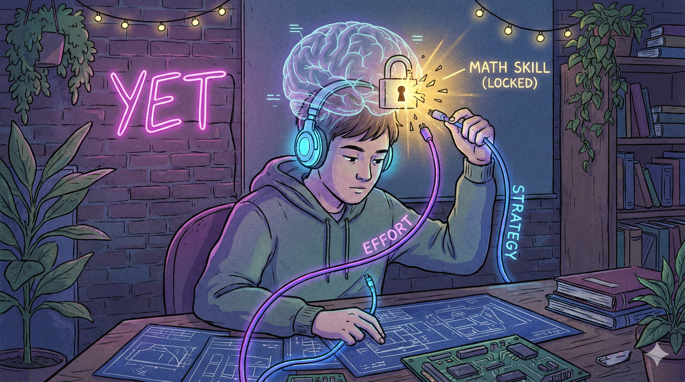 Ilustrasi lo-fi seorang siswa menghubungkan kabel usaha ke hologram otak, menggambarkan cara hack otak dimana growth mindset adalah kunci membuka potensi baru. growth mindset