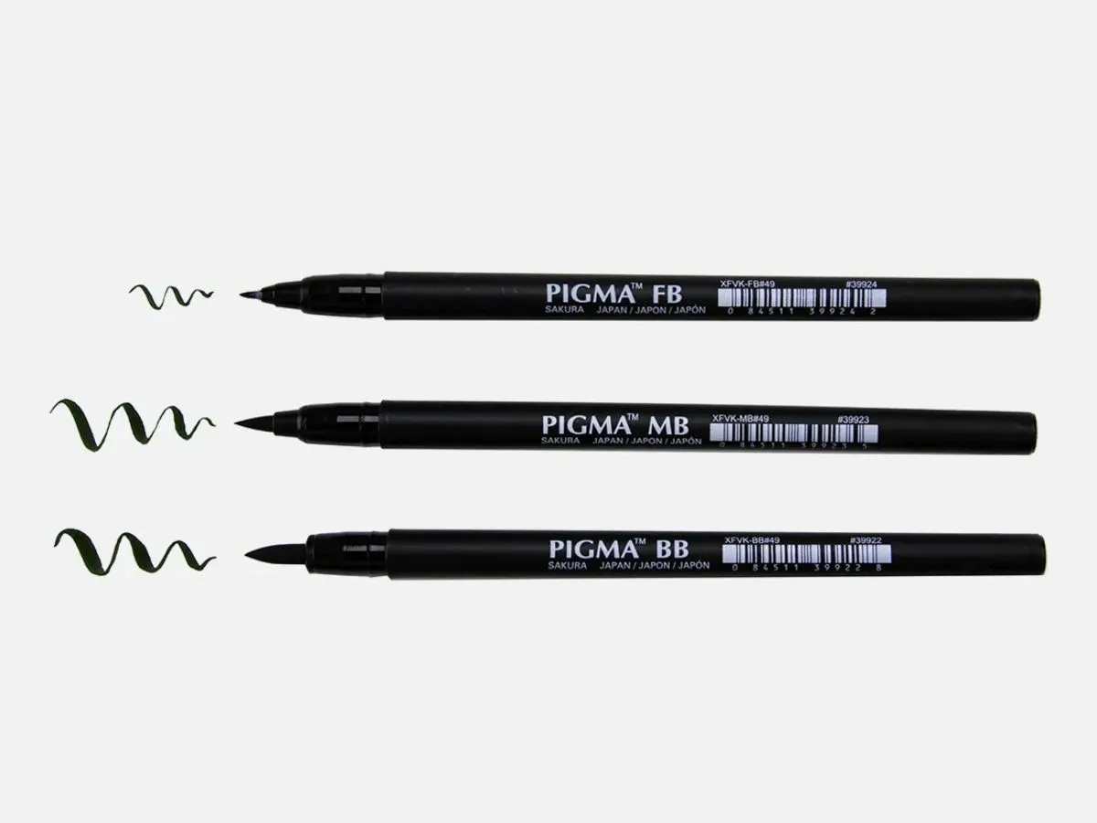 perbandingan tiga jenis ukuran brush pen yang berbeda (bold tip, medium tip dan fine tip)
