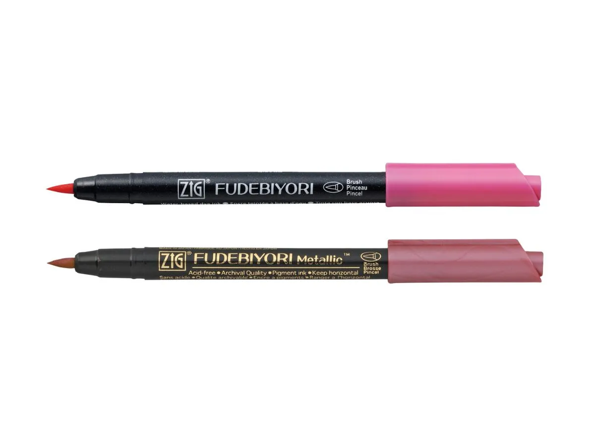 Brush pen ZIG Fudebiyori solid color dan metallic color disusun berdampingan
