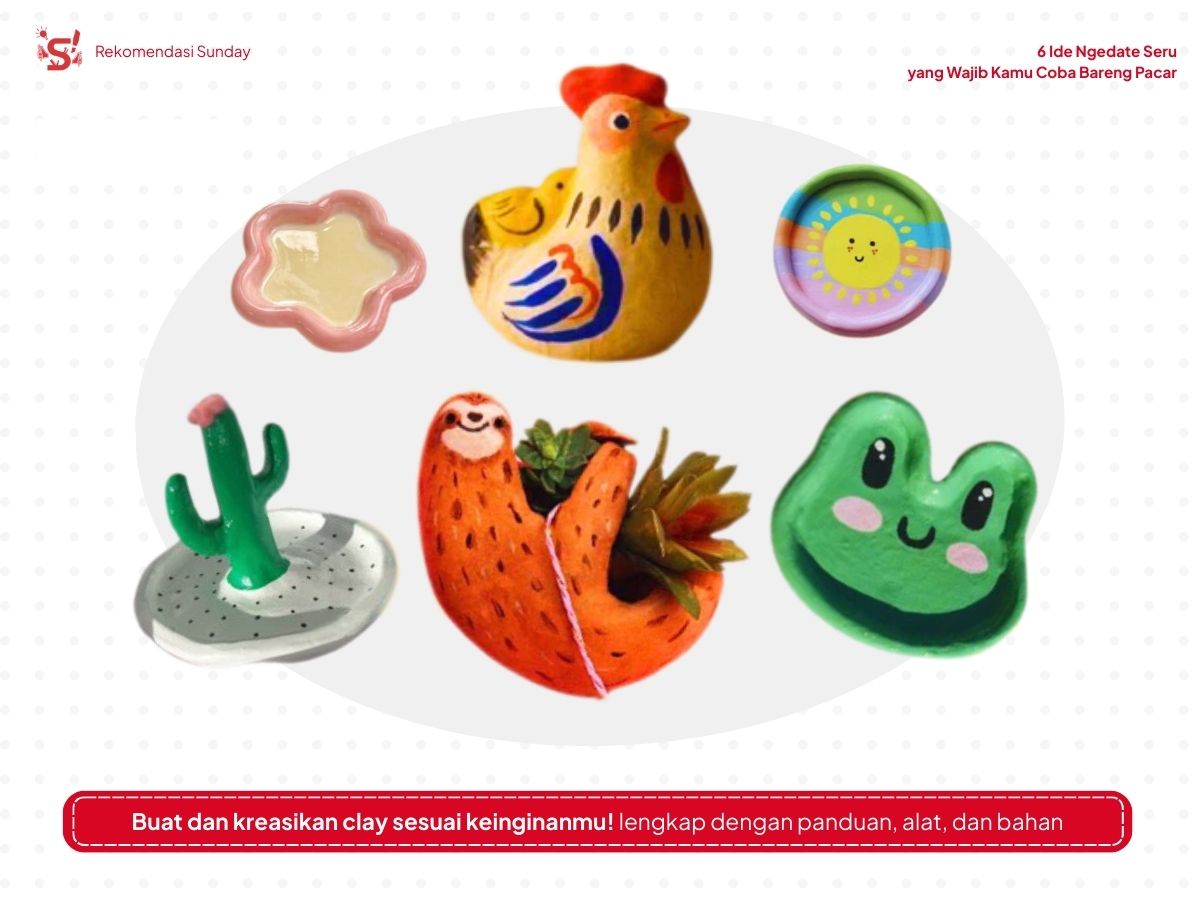enam hasil diy clay berbentuk piring bintang, ayam, piring bergambar matahari, piring dengan kaktus dan bunga diatasnya, piring dengan wajah dan berbentuk pola katak, dan kungkang yang membawa tanaman sebagai ide ngedate bersama pacar.