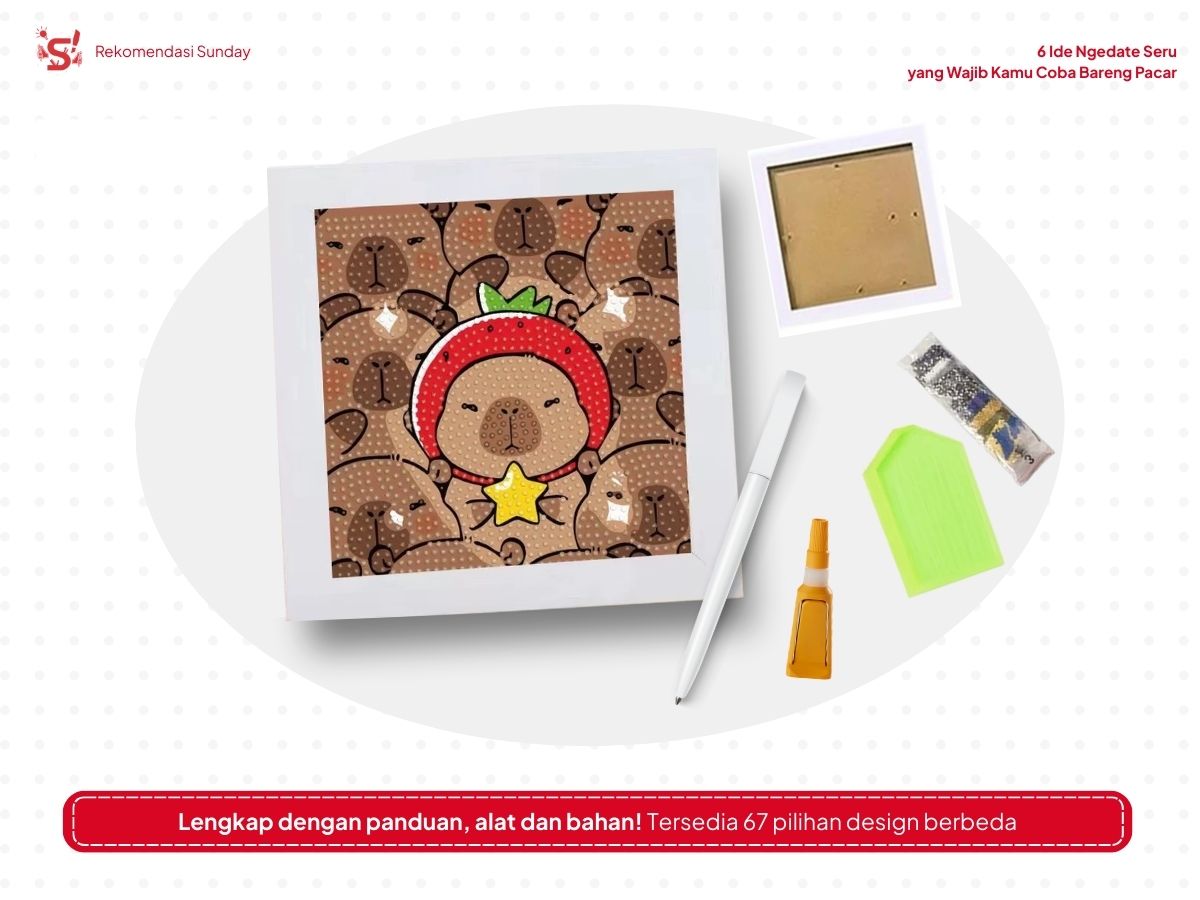 satu design kanvas bertema capybara, dilengkapi satu pen, lem dan sekop, beads dan frame sebagai ide ngedate bersama pacar.