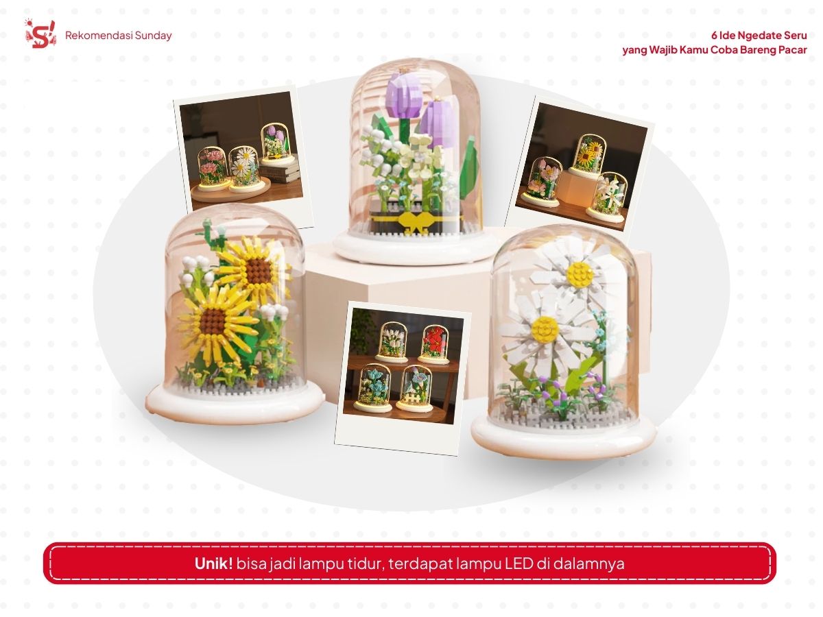 Tiga varian mainan flower bricks tersusun dengan bunga matahari di kiri, tulip di tengah di atas box, dan krisan di kanan. Di sekelilingnya ada beberapa foto polaroid yang saling mengisi ruang kosong pada posisi kiri atas, tengah bawah, dan kanan atas. Polaroid menampilkan foto varian bunga bricks ketika dinyalakan sebagai ide ngedate bersama pacar.