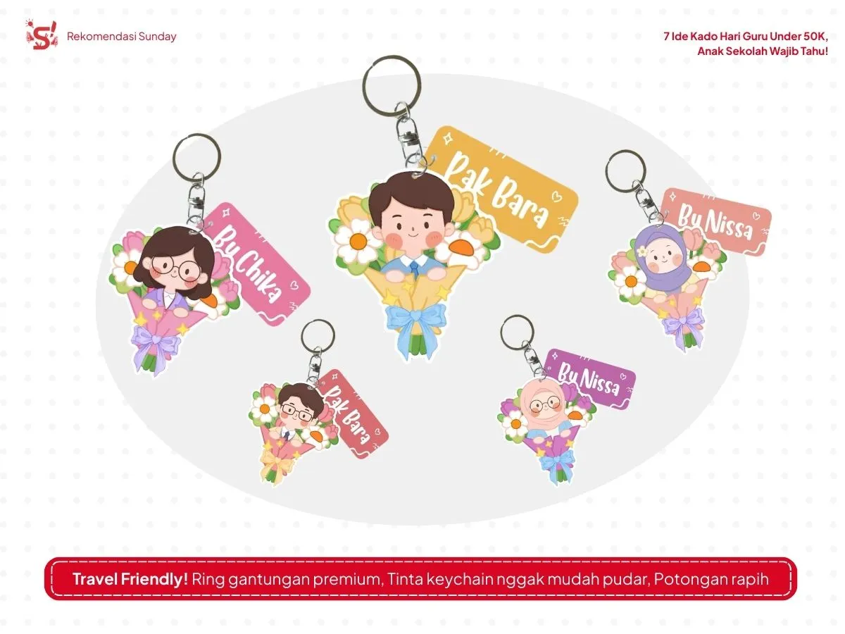 Lima varian keychain akrilik sebagai ide kado Hari Guru.