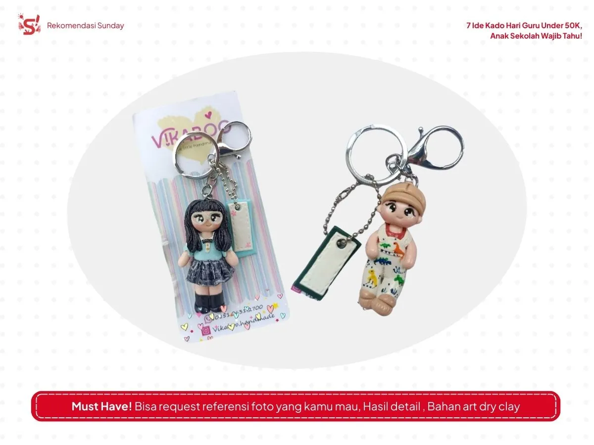 Dua produk gantungan kunci clay doll sebagai ide kado Hari Guru.