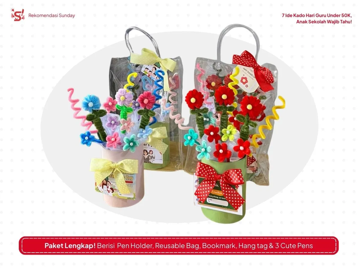 Tiga varian one set buket pulpen bunga sebagai ide kado Hari Guru.