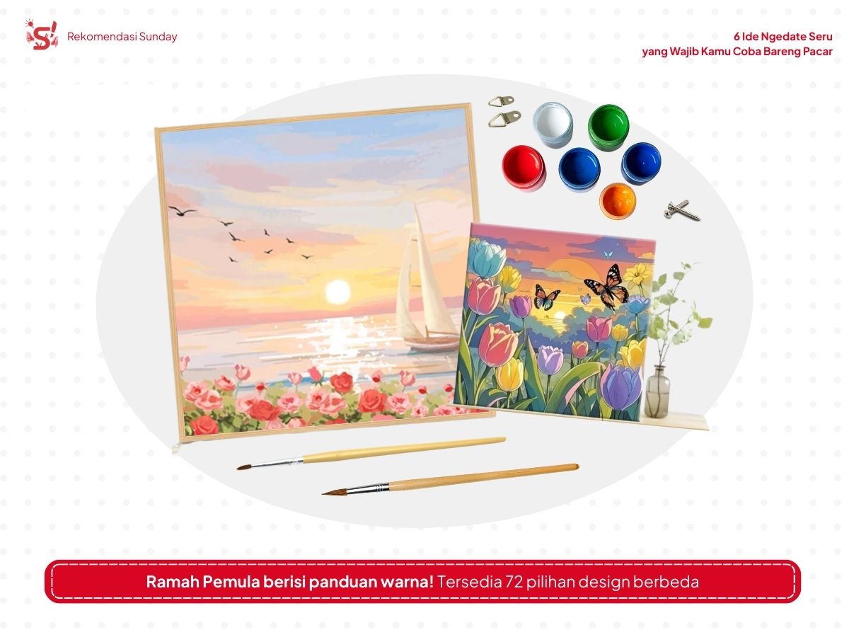 dua varian design kanvas, dilengkapi dua brush, cat, dan kaitan sebagai ide ngedate bersama pacar.