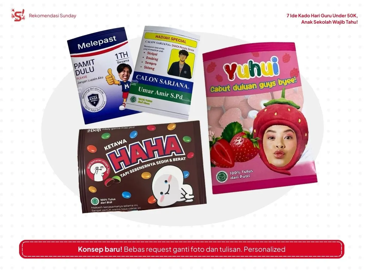 Empat varian design produk snack pouch sebagai ide kado Hari Guru.