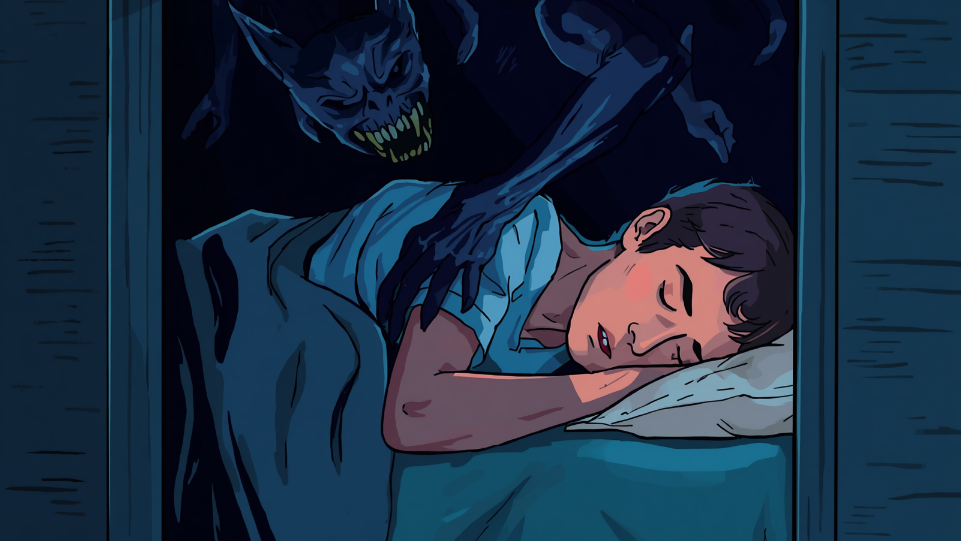 Ilustrasi seorang remaja yang sedang tidur telentang di kamar gelap, dengan sosok makhluk menyeramkan bertaring dan berkulit gelap duduk di atas tubuhnya, menggambarkan pengalaman sleep paralysis.