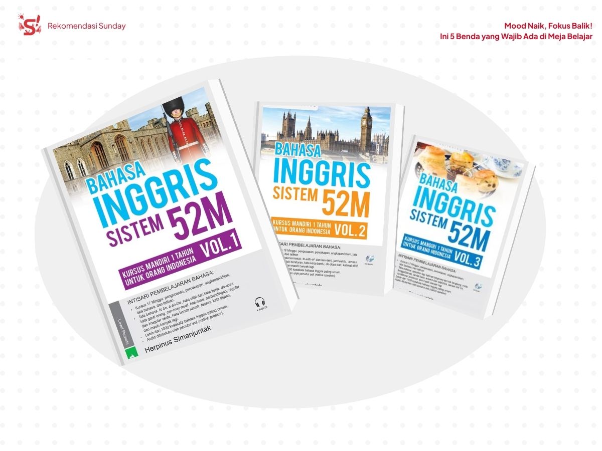 Menampilkan tiga buku bahasa inggris sistem 52M volume 1-3 untuk belajar bahasa Inggris