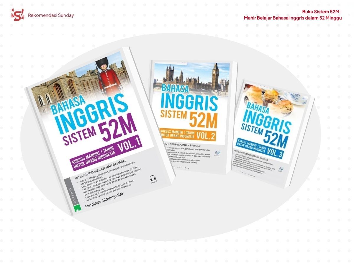 Menampilkan tiga buku bahasa inggris sistem 52M volume 1-3 untuk belajar bahasa Inggris