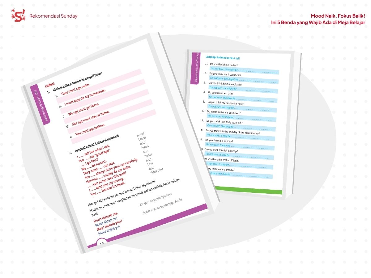 Menampilkan halaman dalam buku 52M memiliki daftar kosakata dan latihan untuk belajar bahasa Inggris