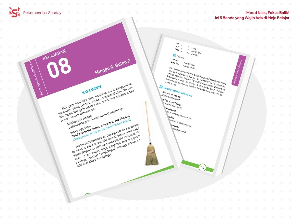 Menampilkan bab buku 52M materi memiliki penjelasan yang mudah dipahami untuk belajar bahasa Inggris