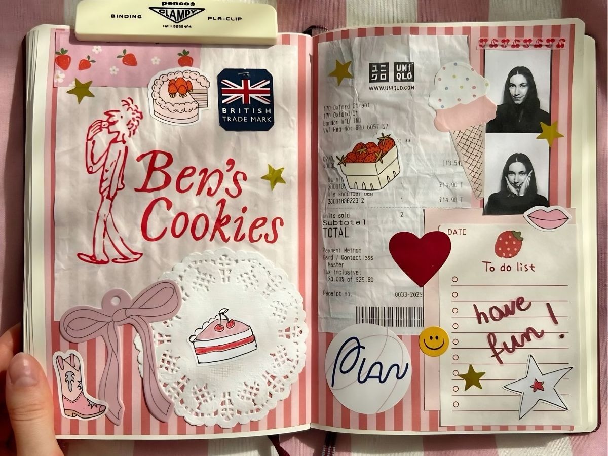 contoh hasil dari junk journal dengan tempelan dan hiasan tulisan