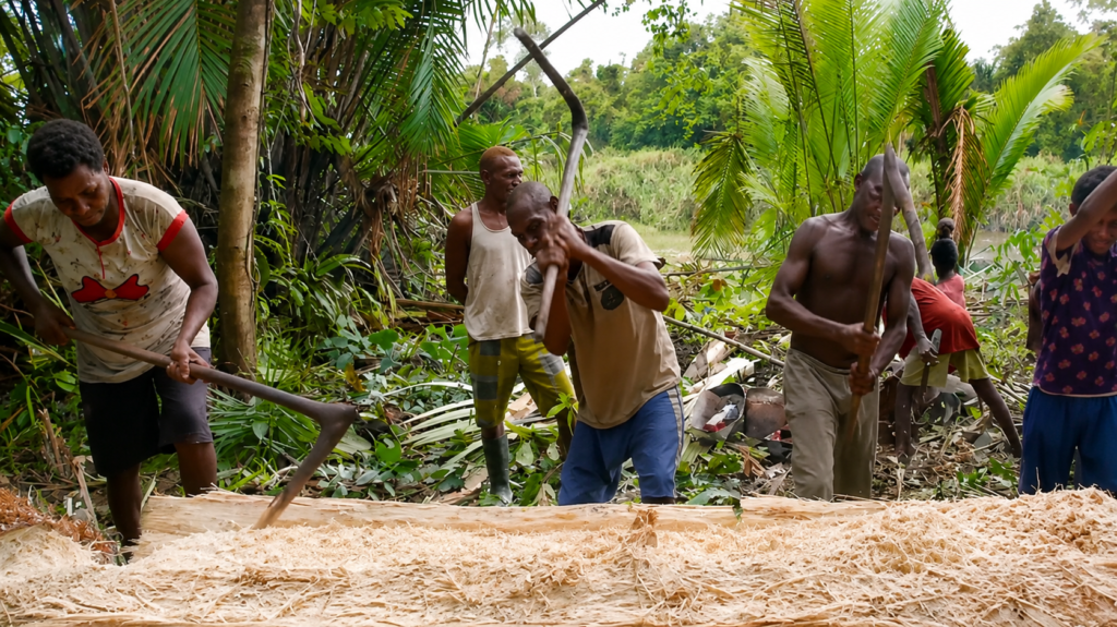 Proses tradisional mengolah batang sagu menjadi tepung sagu di Papua