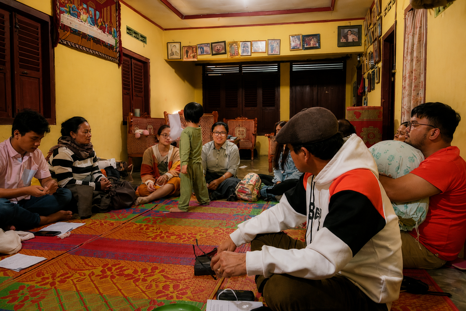 Keluarga Suku Batak sedang melakukan tradisi Mandok Hata dengan bergantian menyampaikan pesan, rasa syukur, dan harapan dalam suasana hangat di rumah.