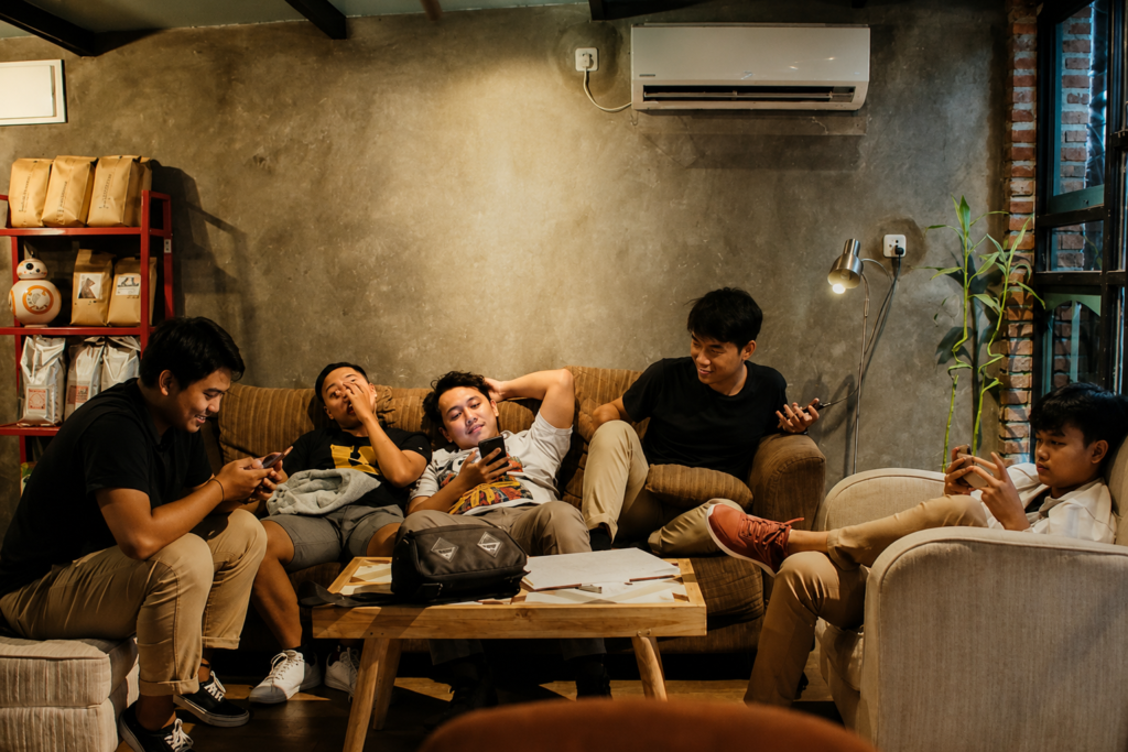 Sekelompok anak muda berkumpul di satu ruangan sambil menggunakan ponsel masing-masing, menggambarkan perubahan pola komunikasi di era digital.
