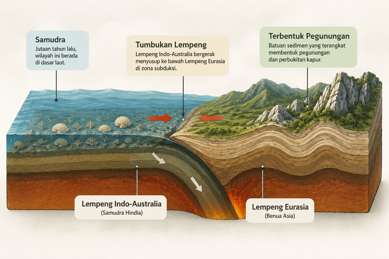 Ilustrasi proses tumbukan Lempeng Indo-Australia dan Lempeng Eurasia yang mengangkat dasar laut hingga membentuk pegunungan dan daratan Indonesia.