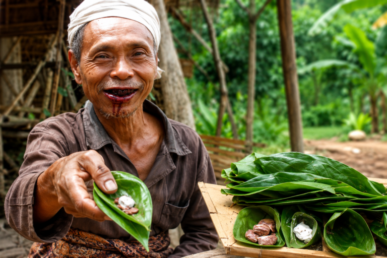 Seorang pria sedang memperlihatkan daun sirih berisi buah pinang dan kapur sirih sebagai bagian dari Tradisi Menyirih di Indonesia.